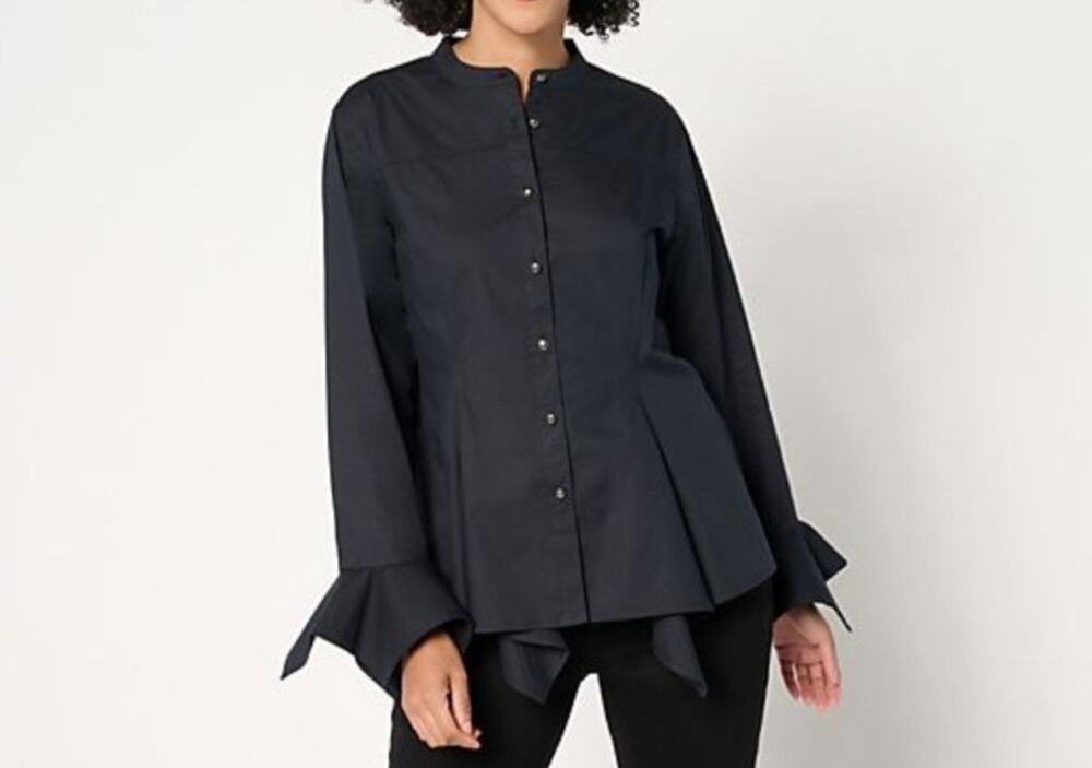 Attitudes By Renee Size 1X Black Hankerchief Hem Button Down Blouse A652708 NWT